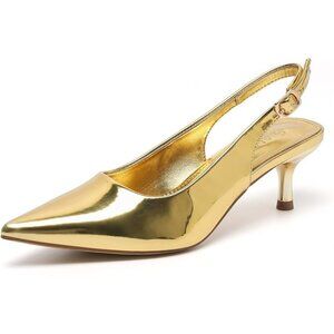 🆕Women’s Gold PU Low Kitten Heel Slingback Pump Sandals, Pointed Toe Heeled
